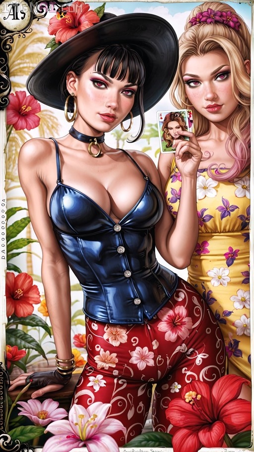 Two pin-up style women standing among red and pink hibiscus flowers; one wears a blue top and black hat, the other holds a playing card.