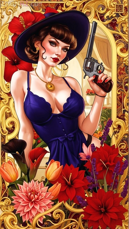 A stylized illustration of a woman with brown hair wearing a large blue hat and indigo satin dress, holding an antique revolver amidst red and pink flowers within a gold ornate frame.