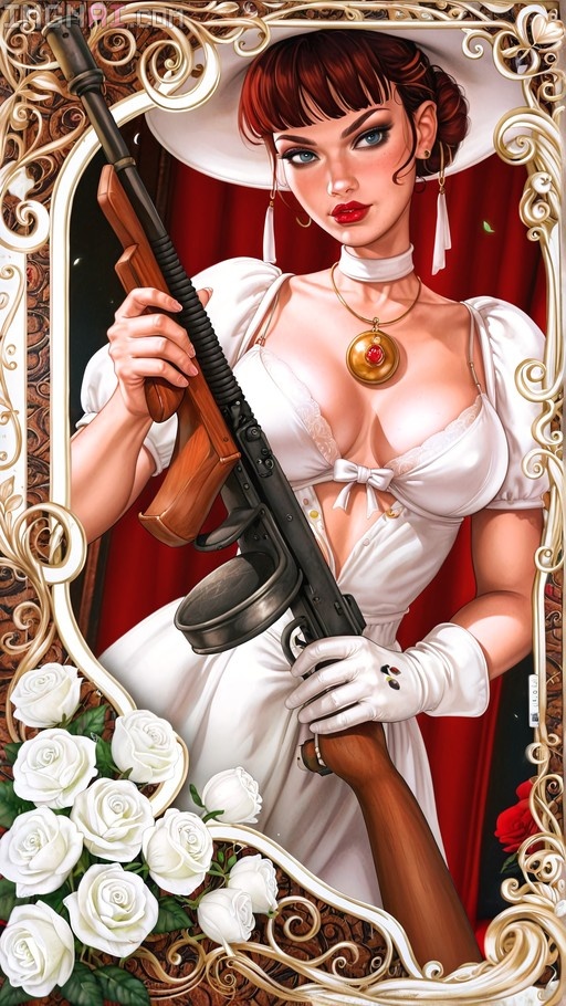 A woman in a white satin dress and cloche hat holds an antique submachine gun within an ornate gold frame decorated with white roses.