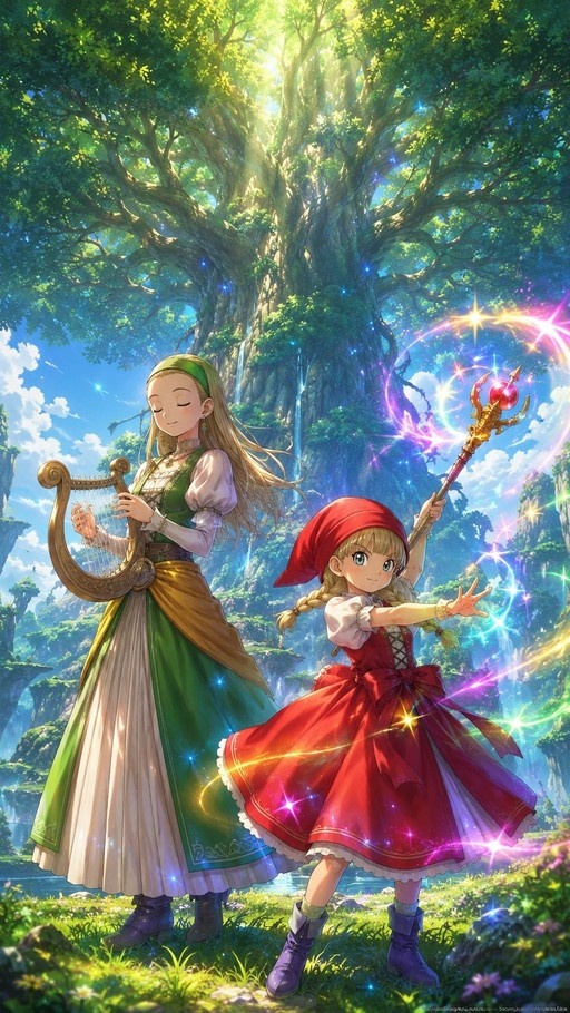 Two blonde anime-style girls standing in front of a large tree, one playing a golden lyre and the other holding a magical staff.