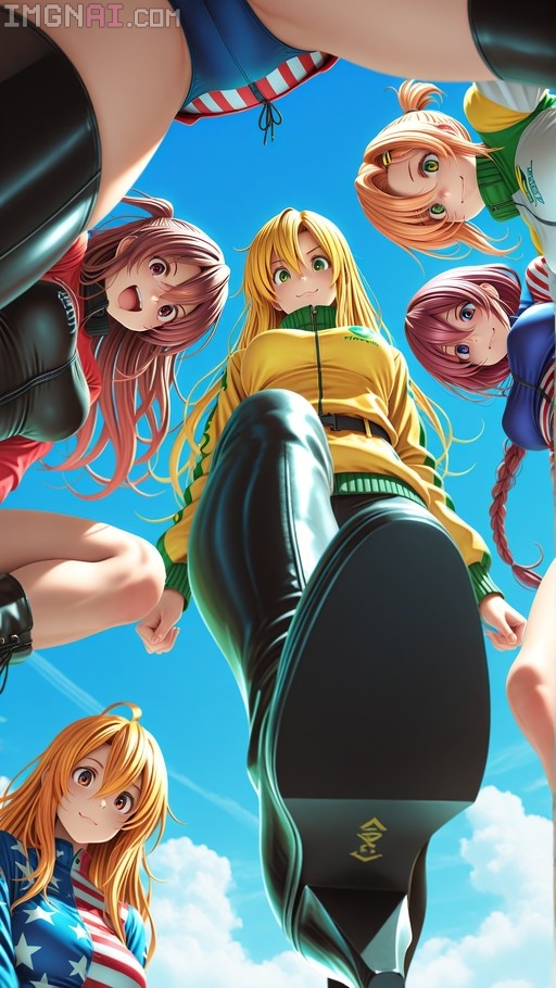 Low angle view of five anime girls looking down at the viewer, with one girl in a yellow tracksuit stepping forward to show her boot sole against a blue sky.