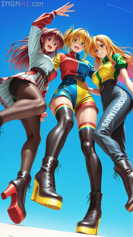 Low angle shot of three anime girls in flag-themed outfits and black thigh-highs posing against a blue sky with an airplane contrail.
