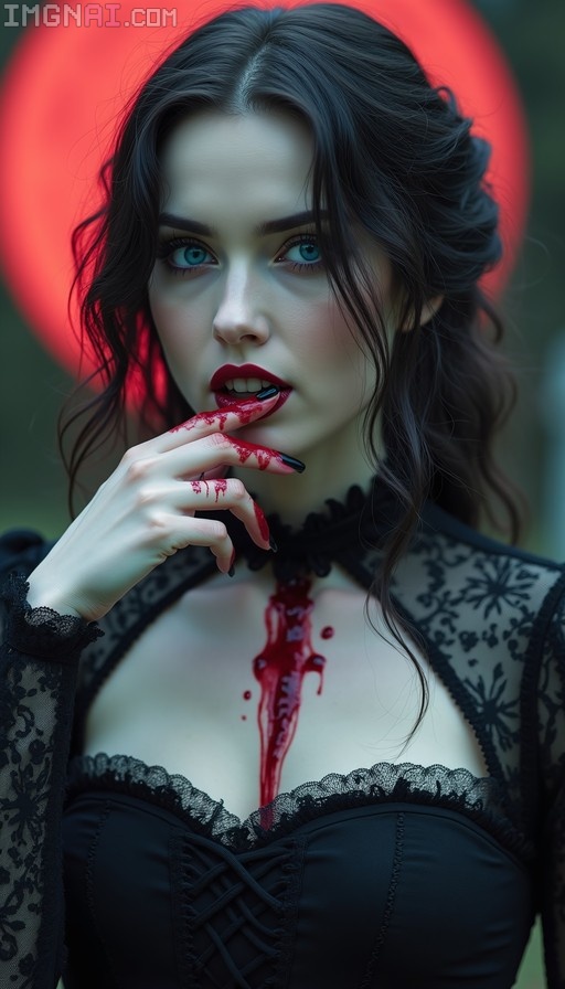 A pale vampire woman with dark hair and blue eyes licks blood from her finger while wearing a black lace dress under a large red moon.