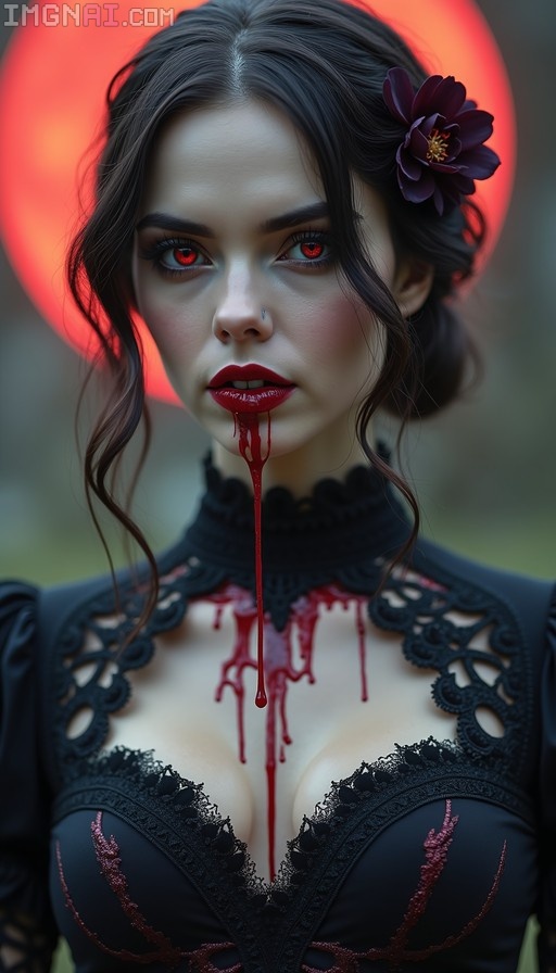 A close-up portrait of a pale vampire woman with red eyes and blood dripping from her mouth, wearing a black lace dress in front of a large red moon.