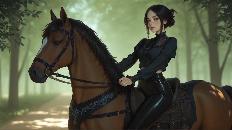 A woman with dark hair in a bun rides a brown horse through a sunlit forest, wearing a black blouse and shiny black trousers.