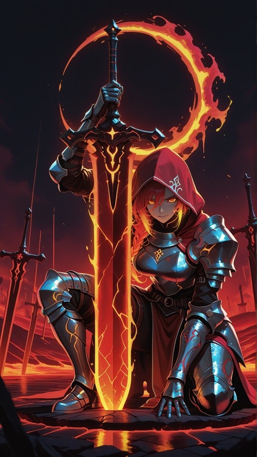 An orange-haired female knight in silver armor and a red hood kneels on cracked stone, holding a large, glowing sword upright in a fiery landscape with a flaming crescent moon behind her.