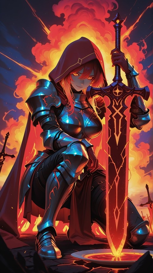 A red-haired female knight in blue plate armor and a dark hood kneels beside a large glowing sword planted in molten ground with fire in the background.