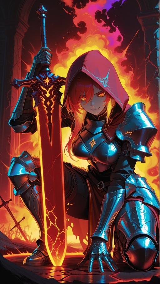 A red-haired woman in blue armor and a hood kneels holding a large flaming sword upright while smiling at the viewer against a fiery background.