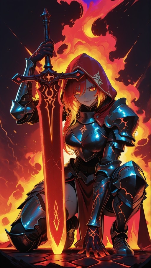 A full-body illustration of a red-haired female knight in dark armor and a red hood, kneeling on one knee while holding a large, glowing red sword upright against a fiery background.