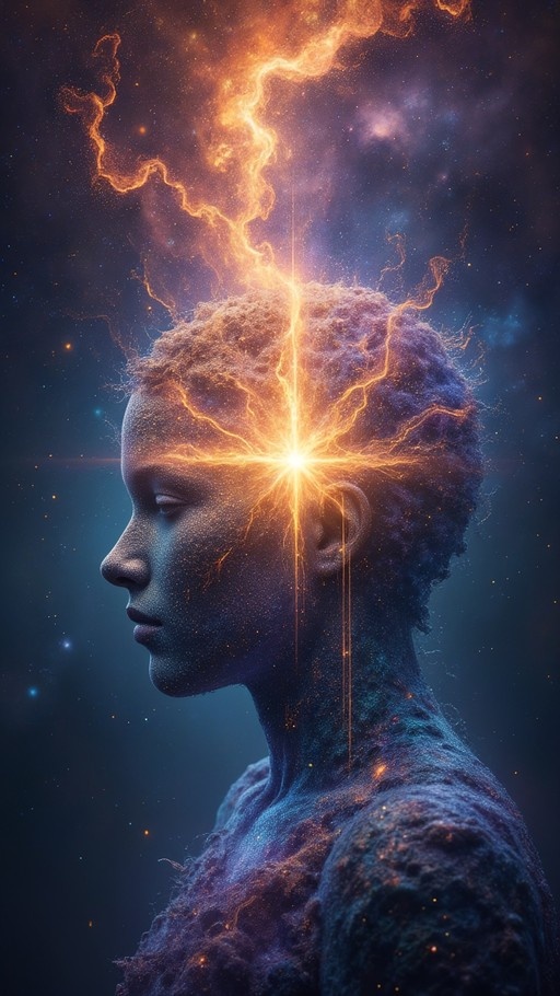 Profile of a dark-skinned man with orange cosmic energy bursting from his forehead against a starry space background.