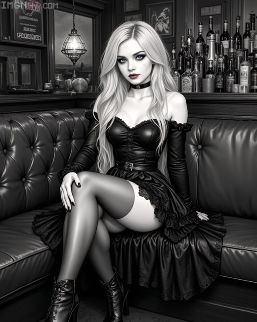 A pale goth girl with long blonde hair and blue eyes sits on a leather couch in a dark bar, wearing a black dress and thigh-highs.