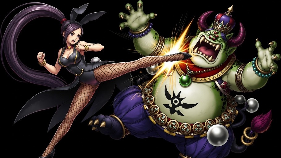 A purple-haired anime girl with bunny ears and fishnets kicks a large green slime king monster wearing a crown.