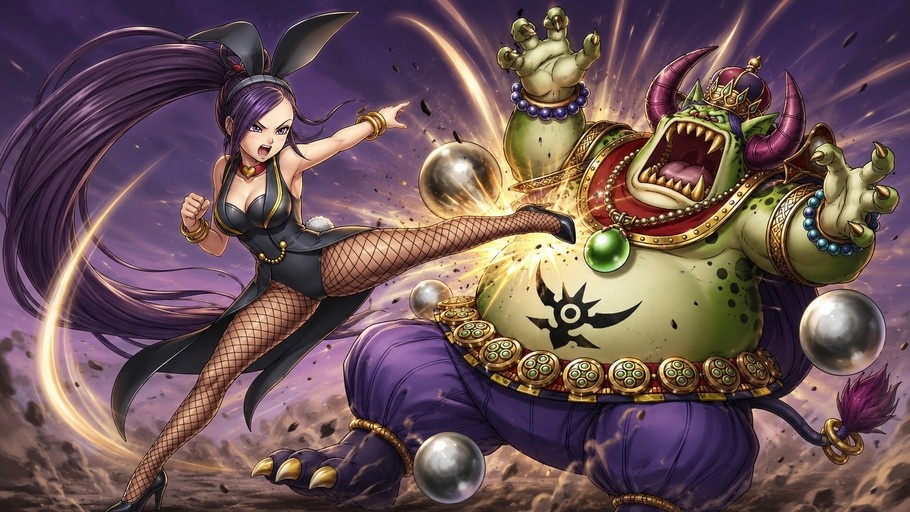 A purple-haired anime woman in a black bunny suit and fishnets kicks a large green horned demon king wearing a crown.