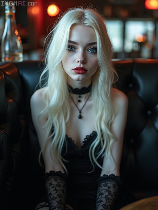 Pale goth woman Yelena with long blonde hair and blue eyes sits in a dark bar booth wearing a black lace dress.