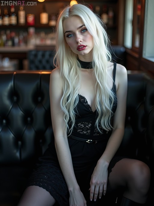 A pale-skinned woman with long platinum hair and blue eyes sits on a black leather couch in a dimly lit bar, wearing a black lace dress and choker.
