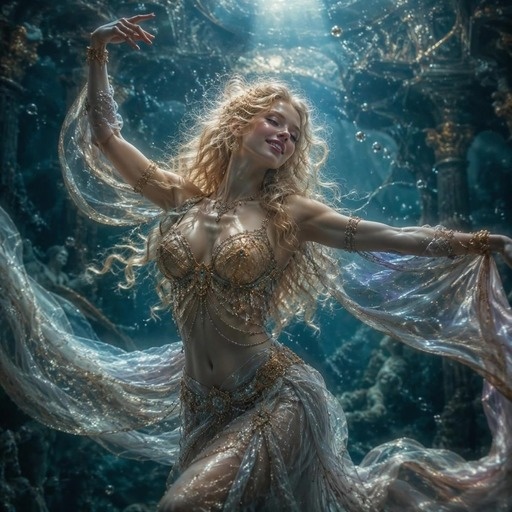 A blonde woman in a golden outfit dances gracefully underwater, holding sheer white fabric as light filters through the blue water.