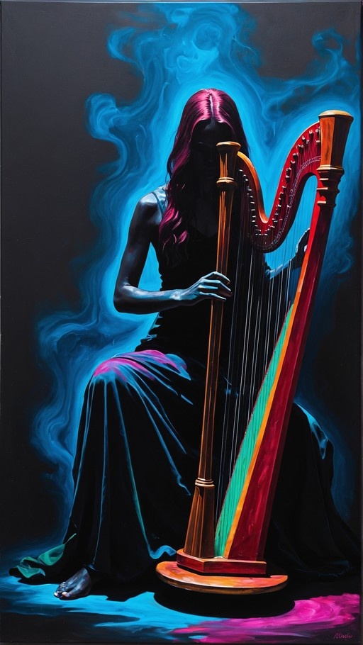 A dark-haired woman in a black dress plays a large red and green harp surrounded by swirling blue smoke.