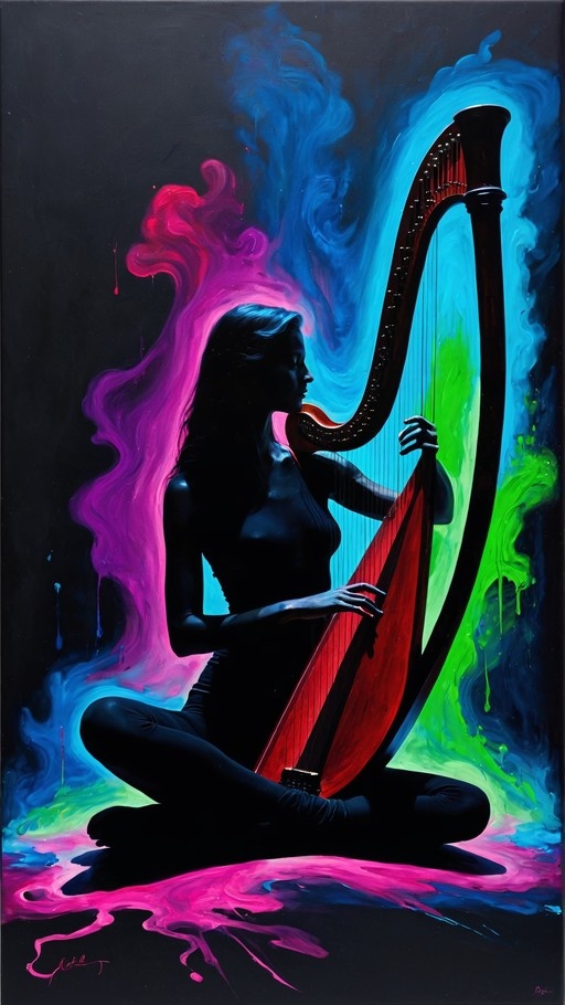 A dark silhouette of a woman sitting cross-legged playing a harp, surrounded by swirling vibrant pink, blue, and green paint-like smoke against a black background.
