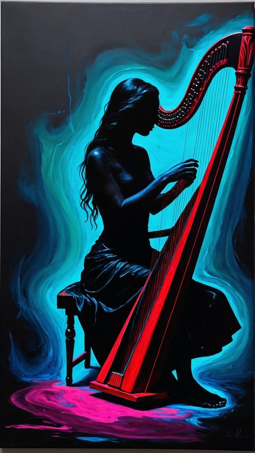 Silhouette of a woman playing a bright red harp against swirling blue light with pink fluid at her feet.