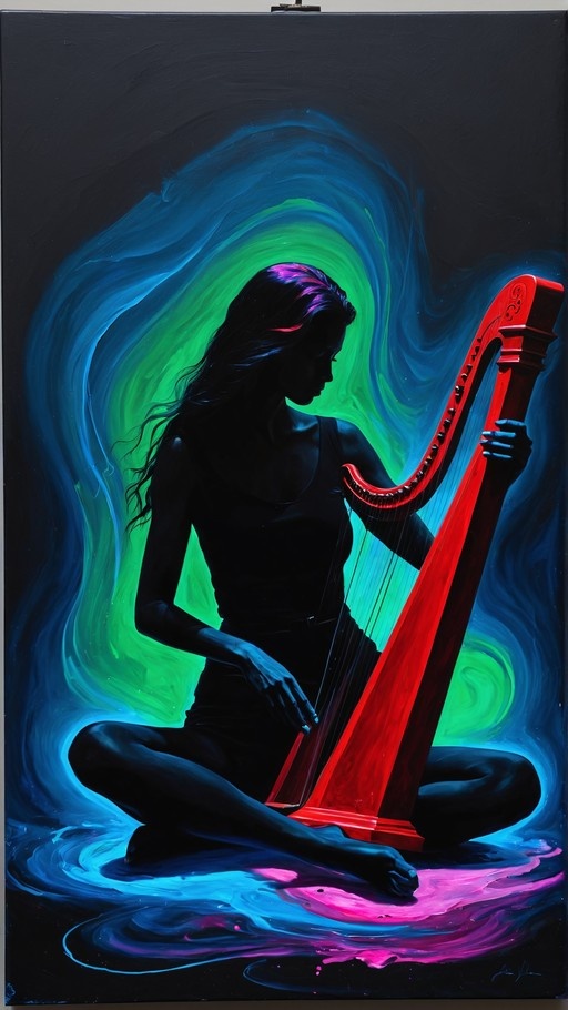A silhouetted woman sits cross-legged playing a bright red harp, surrounded by swirling electric blue and green light effects.