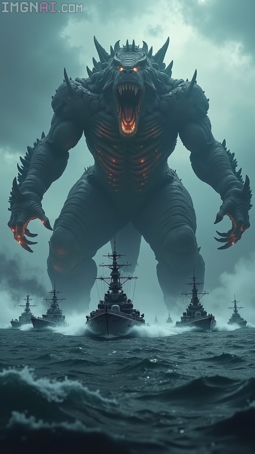 A low-angle view of a massive, dark-skinned kaiju with glowing eyes and an open mouth roaring over a fleet of World War II battleships in a stormy ocean.