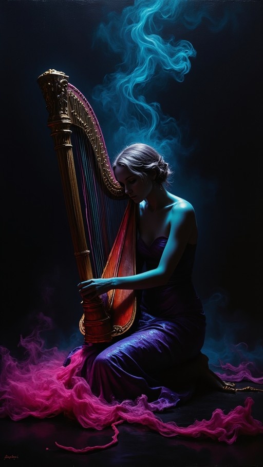 A silver-haired woman in a purple dress kneels beside a golden harp with blue and pink smoke swirling around her.