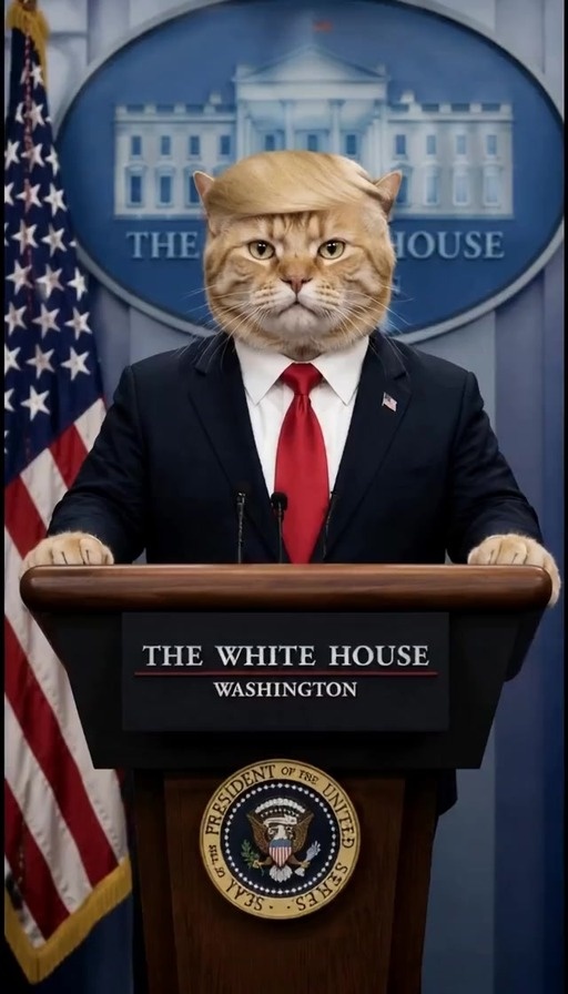 An orange tabby cat with a blonde comb-over hairstyle wearing a dark suit and red tie stands behind the White House podium delivering a speech.