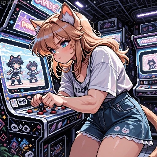 Pixel art of a blonde cat-girl with blue eyes playing an arcade game in a retro setting.