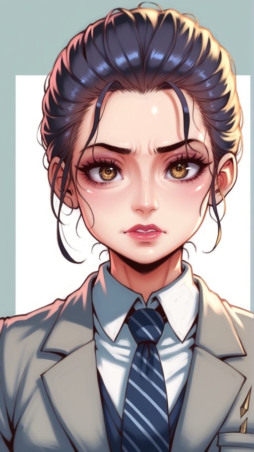 A digital painting of an anime-style girl with dark hair in a bun, wearing a grey jacket and blue striped tie, looking at the viewer with brown eyes.