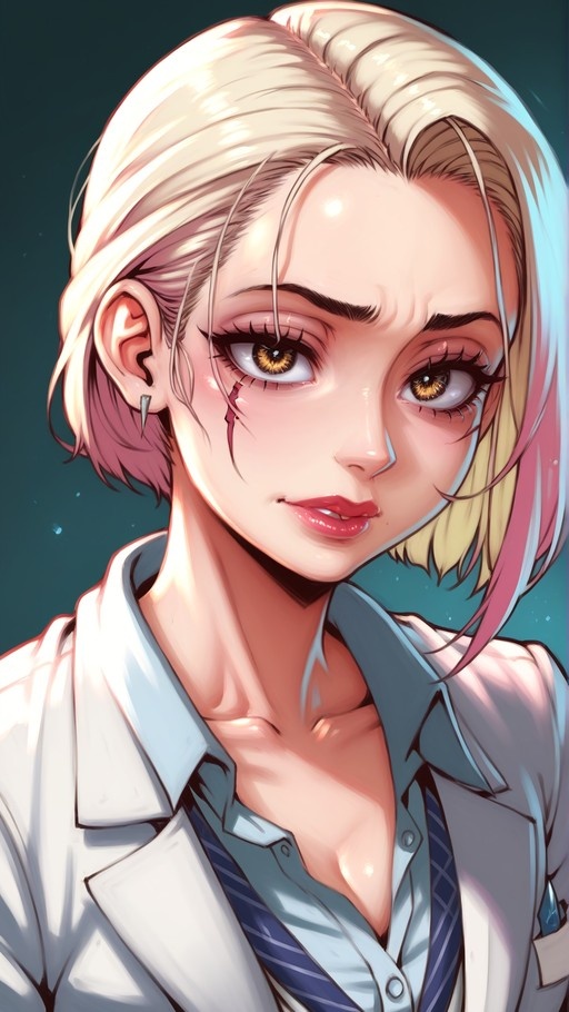 Close-up anime portrait of a blonde girl with pink hair streaks and a scar under her eye, wearing a white jacket and striped tie.