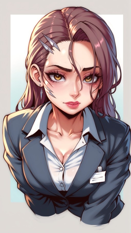An anime-style portrait of a woman with brown hair and golden eyes wearing a business suit and an ID badge.