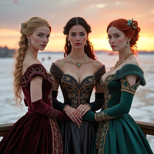 Three women in elaborate medieval-style velvet dresses standing by the water at sunset