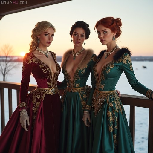Three women in ornate red and green ballgowns with gold embroidery standing on a balcony overlooking a snowy sunset.