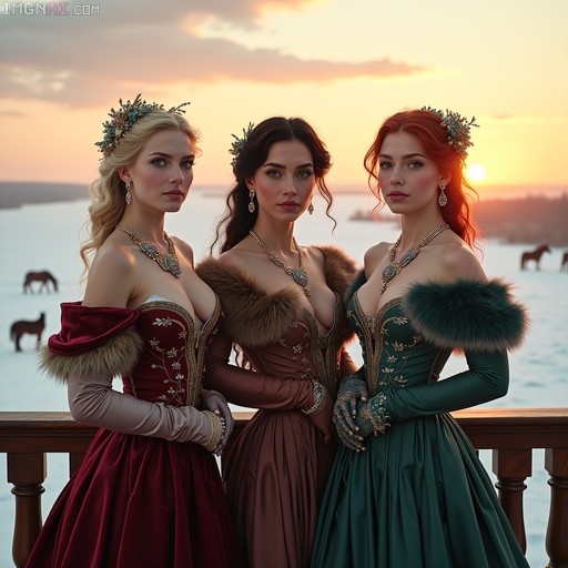 Three women in ornate red, brown, and green medieval gowns with fur trim stand on a wooden balcony overlooking a snowy landscape with grazing horses at sunset.