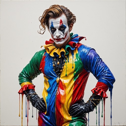 A realistic portrait of a male clown in a shiny multi-colored jester suit with dripping paint effects and white face paint.