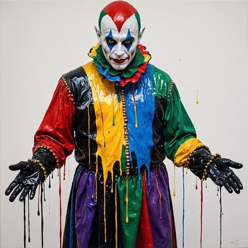 A male jester with pointed ears and white face paint stands with arms outstretched, wearing a colorful costume covered in dripping paint.