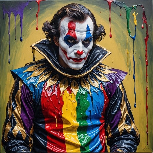 A portrait of the Joker with white face paint and a red nose, wearing a colorful harlequin suit as thick drips of rainbow-colored paint fall from above.