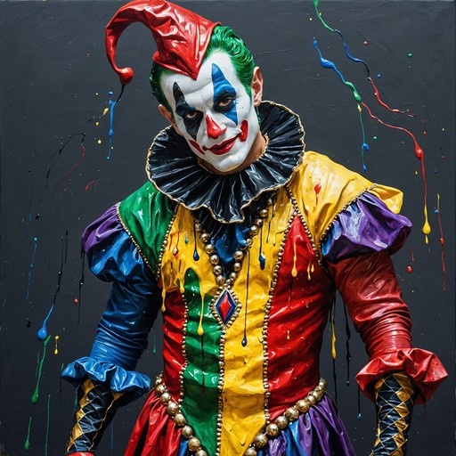 A male jester with green hair and white face paint wearing a multicolored patchwork tunic and golden beads against a black background with paint splatters.