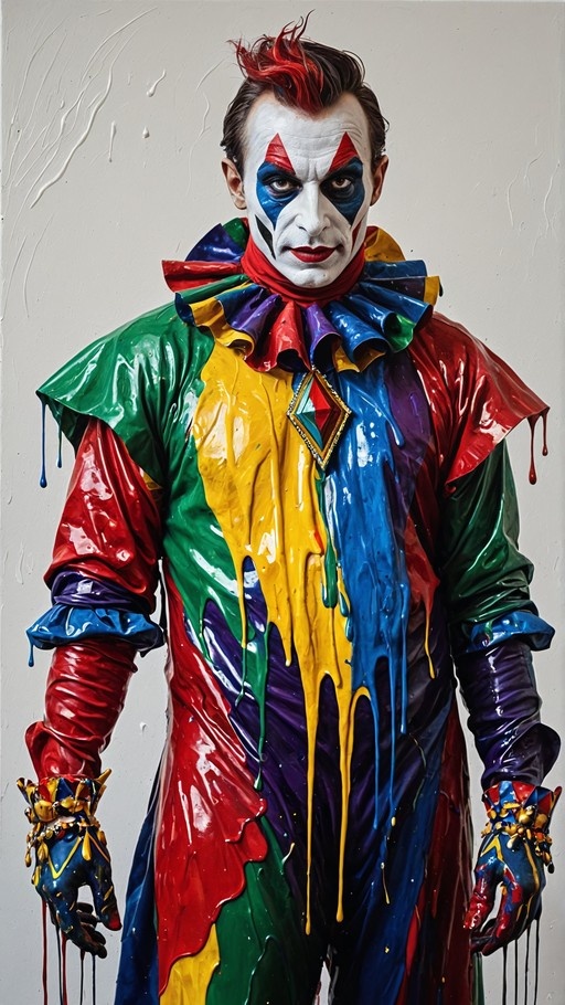 A male jester in a multi-colored suit covered in dripping paint, wearing white face paint with red diamond markings and an ornate chest pendant.