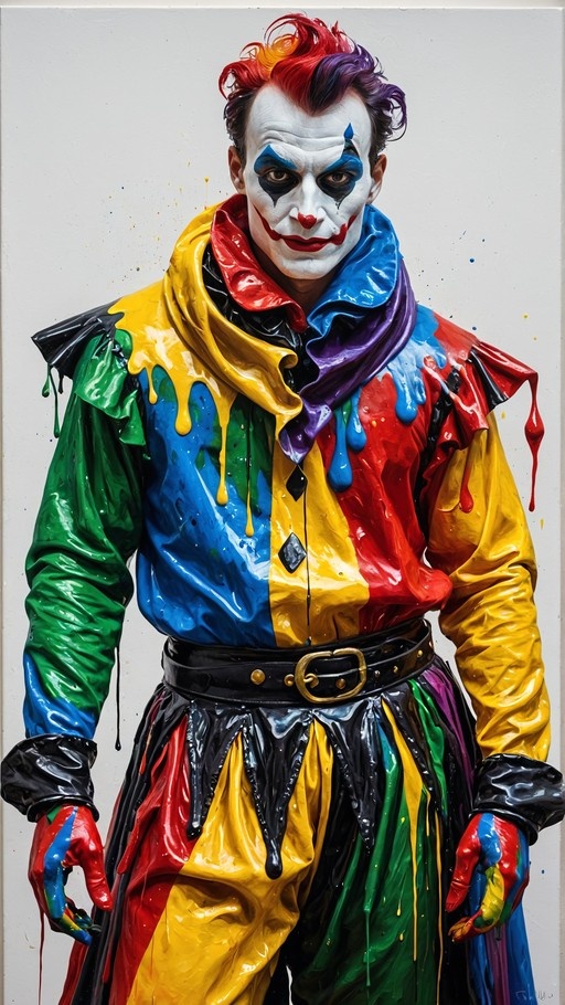 A male clown with white face paint and a red nose wears a shiny, multi-colored patchwork suit covered in dripping paint against a grey background.