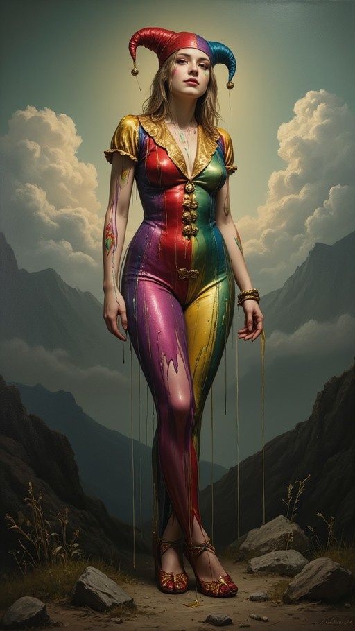 A woman in a multicolored jester costume stands on a rocky path with mountains and clouds behind her.