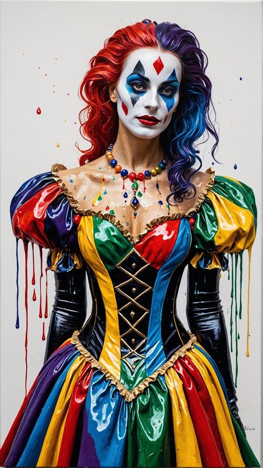 A woman dressed as Harley Quinn with split red and blue hair, white face paint, and a multi-colored jester dress covered in paint drips.