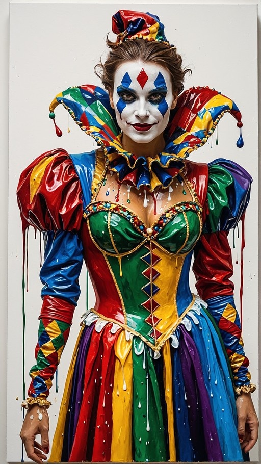 A woman in a glossy, multi-colored jester costume with dripping paint effects and diamond face paint looking at the viewer.