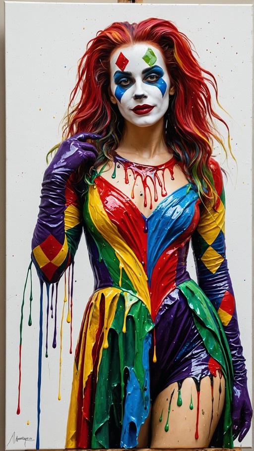 A digital painting of Harley Quinn with red hair and white face paint, wearing a colorful bodysuit covered in dripping paint and long purple gloves.