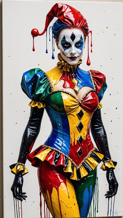 Harley Quinn in a colorful jester outfit with face paint and a jester hat.