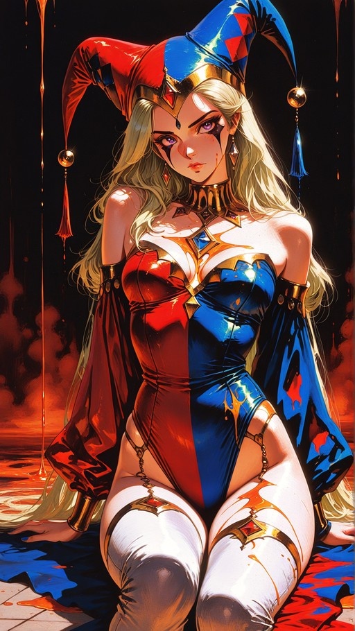 A digital illustration of Harley Quinn kneeling on the floor in a red and blue jester costume with white thigh-highs and gold accessories against a dark background with dripping liquid.