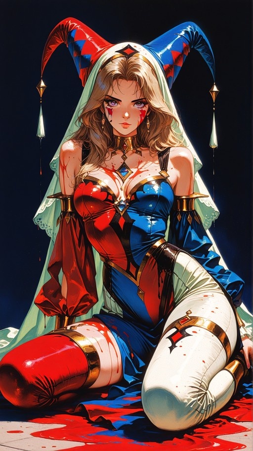 Harley Quinn sits on a blood-stained floor wearing a red and blue jester outfit with a veil.