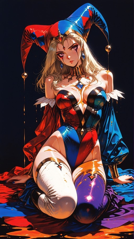 Harley Quinn kneeling in a red and blue jester outfit with mismatched stockings