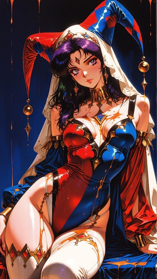 An anime-style woman with dark purple hair sits wearing a red and blue jester hat and matching leotard with white thigh-high stockings and gold jewelry.