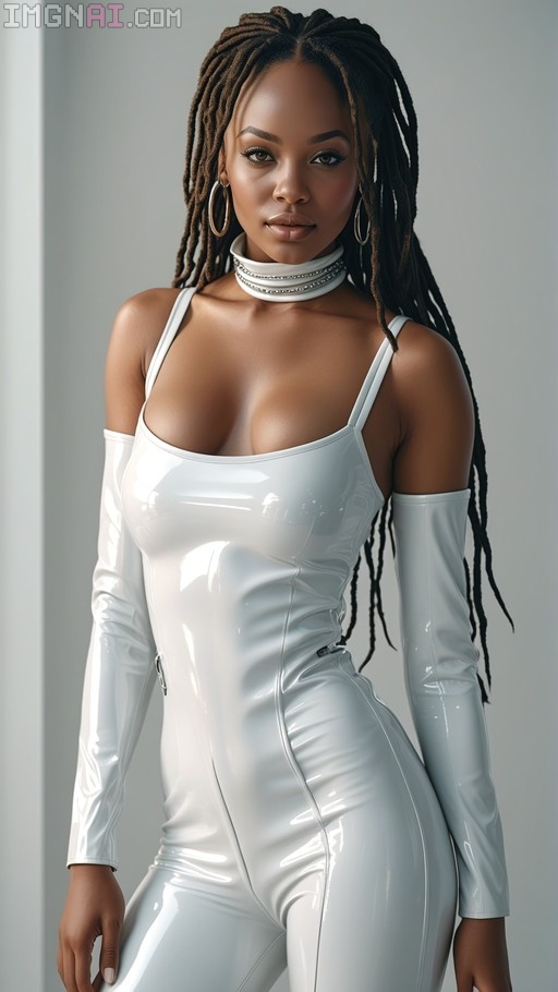 A dark-skinned woman with long dreadlocks wearing a tight white latex bodysuit and large hoop earrings.
